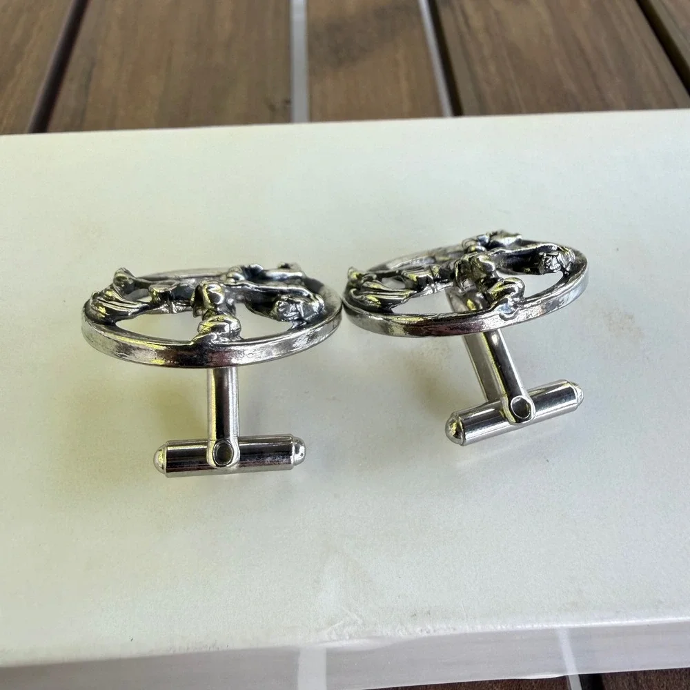 Vintage Silver Tone Knight on Horseback Medieval Cufflinks Round Antiqued Mens